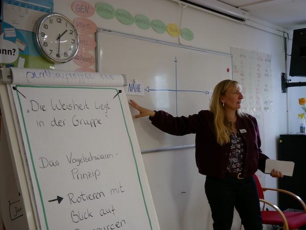 Das Bild zeigt Ina Müller von der Selbsthilfe-Akademie Schleswig-Holstein. Sie zeigt auf ein Flipchart auf dem steht "Die Weisheit liegt in der Gruppe".
